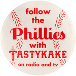 PHILLIES RARE 1947 KNOTHOLE AND CLERK'S BIG TASTYKAKE BUTTON MUCHINSKY BOOK SPECIMENS.