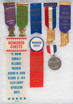 GROUP OF EIGHT NIXON INDIANA RELATED ITEMS INCLUDING TWO SINGLE DAY EVENT RIBBON BADGES.