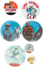 THE LONE RANGER SEVEN BRITISH PRODUCT AND MOVIE  BUTTONS FROM 1960s-1981.