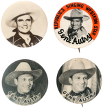 GENE AUTRY RARE REAL PHOTO BUTTON PLUS THREE SCARCE PORTRAIT BUTTONS ALL C. 1940S.