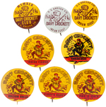 DAVY CROCKETT 3 KRESGE FIVE AND DIME VARIETIES AND 5 VERSIONS OF HIS MOST ICONIC MID-1950s BUTTON.