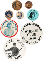 DANIEL BOONE SIX BUTTONS 1930s-1960s PLUS TWO OPEN ROAD FOR BOYS MAGAZINE PREMIUMS.