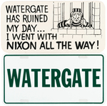 FIVE ANTI-NIXON LICENSE PLATE ATTACHMENTS INCLUDING TWO WITH WATERGATE CONTENT.