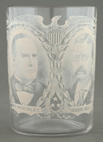 FOUR McKINLEY GLASS TUMBLERS INCLUDING 1900 JUGATE WITH ROOSEVELT.