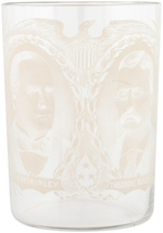 FOUR McKINLEY GLASS TUMBLERS INCLUDING 1900 JUGATE WITH ROOSEVELT.