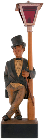 KARL GRIESBAUM C.1930 GERMAN CARVED WOOD WIND-UP WHISTLING MAN WITH MOVING HEAD AND LIGHTING LAMP.