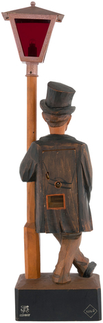 KARL GRIESBAUM C.1930 GERMAN CARVED WOOD WIND-UP WHISTLING MAN WITH MOVING HEAD AND LIGHTING LAMP.