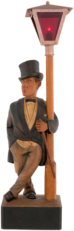 KARL GRIESBAUM C.1930 GERMAN CARVED WOOD WIND-UP WHISTLING MAN WITH MOVING HEAD AND LIGHTING LAMP.