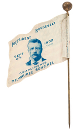 ROOSEVELT 1902 CELLO FLAG STICKPIN FROM MILWAUKEE SENTINEL UNLISTED IN HAKE.