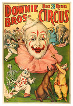 "DOWNIE BROS. BIG 3 RING CIRCUS" POSTER WITH GREAT CLOWN GRAPHICS.