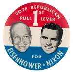 TRIO OF EISENHOWER CAMPAIGN BUTTONS INCLUDING "WOMANPOWER" AND "PULL 1ST LEVER" JUGATE.