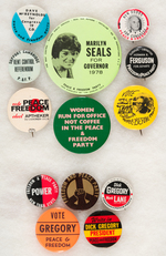 TERRIFIC GROUP OF 13 PEACE AND FREEDOM PARTY BUTTONS FROM LOCAL TO NATIONAL CAMPAIGNS.