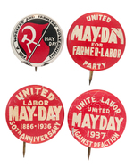 FOUR COMMUNIST PARTY MAY DAY LITHO BUTTONS INCLUDING "FARMER-LABOR."