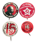 FOUR COMMUNIST PARTY DEFEND THE SOVIET UNION BUTTONS INCLUDING ANNIVERSARY BUTTONS.