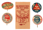 FOUR COMMUNIST PARTY LITHO BUTTONS AND 1940 CINDERELLA STAMP.