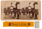 "COXEY'S ARMY" SILK ARM BAND PLUS STAMP, STEREOVIEW OF MARCHERS AND CUT SIGNATURE.