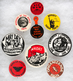 LABOR, MAY DAY, IWW, FARM WORKERS GROUP OF EIGHT BUTTONS AND TAB.