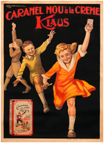 "KLAUS - CARAMEL MOU Á LA CREME" LINEN-MOUNTED ITALIAN CANDY ADVERTISING POSTER.