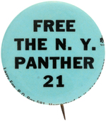 "FREE THE N.Y. PANTHER 21" BLACK PANTHER CIVIL RIGHTS BUTTON.