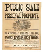 1881 "PERSONAL PROPERTY" AUCTION LINEN-MOUNTED POSTER.