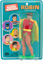 MEGO BOXED BATCYCLE AND CARDED ROBIN FIGURE.