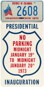 NIXON 1973 INAUGURAL LOT INCLUDING LARGE SCREEN PRINTED LOGO, LICENSE PLATE AND NO PARKING SIGN.