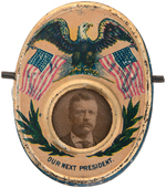 McKINLEY / ROOSEVELT MECHANICAL "OUR NEXT PRESIDENT" MECHANICAL PIN BACK BADGE.