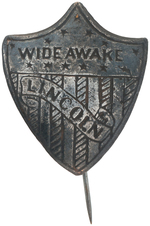 SPLENDID AND RARE "LINCOLN WIDE AWAKE" SHIELD PIN BACK BADGE.