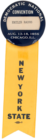 "DEMOCRATIC NATIONAL CONVENTION" 1956 WINDOW BUTTON WITH "NEW YORK STATE" RIBBON.