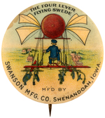 RARE FARM MACHINERY BUTTON SHOWING THE AIRBORNE "FOUR LEVER FLYING SWEDE."