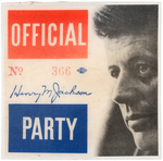 JOHN F. KENNEDY "OFFICIAL PARTY" LAMINATED SERIAL NUMBERED PIN BACK BADGE.
