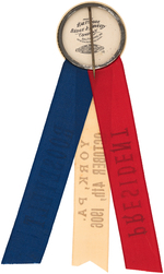 OUTSTANDING ROOSEVELT ROUGH RIDER BUTTON WITH SINGLE DAY EVENT RIBBON.