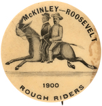 RARE BUTTON SHOWS  McKINLEY/ROOSEVELT FULL FIGURES RIDING A HORSE WITH BRYAN'S FACE HAKE #3159.