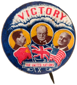 SUPERB FULL COLOR "VICTORY" ROOSEVELT/CHURCHILL/STALIN TRIGATE BUTTON.