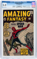 "AMAZING FANTASY" #15 AUGUST 1962 CGC 5.0 VG/FINE (FIRST APPEARANCE OF SPIDER-MAN).