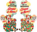 GE REFRIGERATORS ADVERTISING HANGER TRIO WITH CLOWNS.