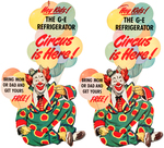 GE REFRIGERATORS ADVERTISING HANGER TRIO WITH CLOWNS.