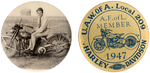 PAIR OF HARLEY DAVIDSON BUTTONS INCLUDING LABOR UNION AND REAL PHOTO.