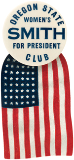 RARE "OREGON STATE WOMEN'S SMITH FOR PRESIDENT CLUB" BUTTON WITH GREAT CELLO FLAG HANGER.