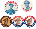 GENERAL MacARTHUR TWO SCARCE AND THREE RARE PORTRAIT BUTTONS.