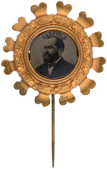 RARE AND ORNATE GARFIELD 1880 FERROTYPE STICKPIN IN SUPERB CONDITION.