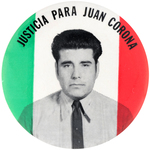 RARE BUTTON SEEKING "JUSTICIA" (JUSTICE) FOR MEXICAN AMERICAN SERIAL KILLER.