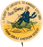 ISIS TEMPLE 1901 SHRINER'S CONVENTION BUTTON WITH SHRINER RIDING GIANT LOCUST.