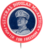 MacARTHUR "FIGHTER FOR FREEDOM" RARE WWII BUTTON FROM HAKE BOOK COLOR PLATES.