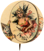 WOMAN BURSTS THROUGH HOOP HELD BY CLOWN C. 1907 BUTTON FROM HAKE COLOR PLATES.