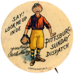 PICKLE NEARY 1903 BASEBALL THEMED COMIC CHARACTER BUTTON FROM HAKE COLOR PLATES.