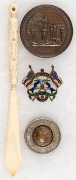 COLUMBIAN EXPO 1893: STANHOPE, MEDAL, ENAMEL PIN, PIN WITH MOVEABLE GLOBE.