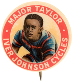 FAMOUS AFRICAN AMERICAN CYCLIST MAJOR TAYLOR "IVER JOHNSON CYCLES" ADVERTISING BUTTON.