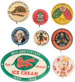 NINE GRAPHIC ADVERTISING BUTTONS FOR FOODS, CANDY, HONEY, ICE CREAM.