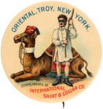 "INTERNATIONAL SHIRT & COLLAR CO." AD BUTTON WITH SHRINE LODGE INITIATION.